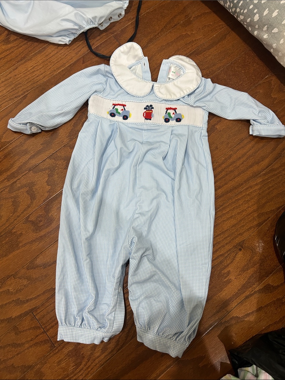 Blue Gingham Cecil and Lou Smocked Boy Romper with Golf Cart Embroidery 9M